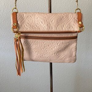 Italian Genuine Leather Blush Pink Embossed Crossbody Bag Tassel Made In Italy